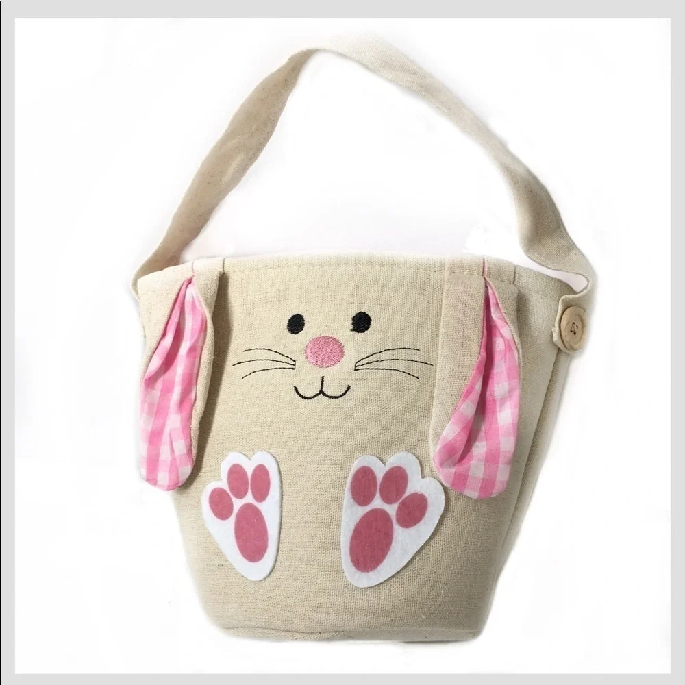Easter Bunny Bucket Bag Tote Linen Canvas Gingham Floppy Ear Lined Pink Tan Girl